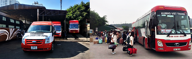 ▲한진그룹이 매각 예정 자산으로 분류한 베트남 고속 버스 사업 법인 '금호 비엣 타인 버스라인즈(Kumho Việt Thanh Buslines)'와 '금호 삼코 버스라인즈(Kumho Samco Buslines)' 차량들. 사진=각 사 홈페이지