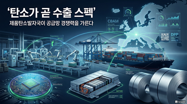 유럽연합(EU)은 탄소국경조정제도(CBAM), 에코디자인 규정(ESPR), 디지털제품여권(DPP) 도입을 통해 제품 단위 탄소 정보를 요구하는 체계를 구축하고 있다. 이러한 추세 속에 제품탄소발자국이 산업의 또 다른 기준으로 자리 잡으며 기업들의 대응이 빨라지고 있다. (이미지=젠스파크로 생성)