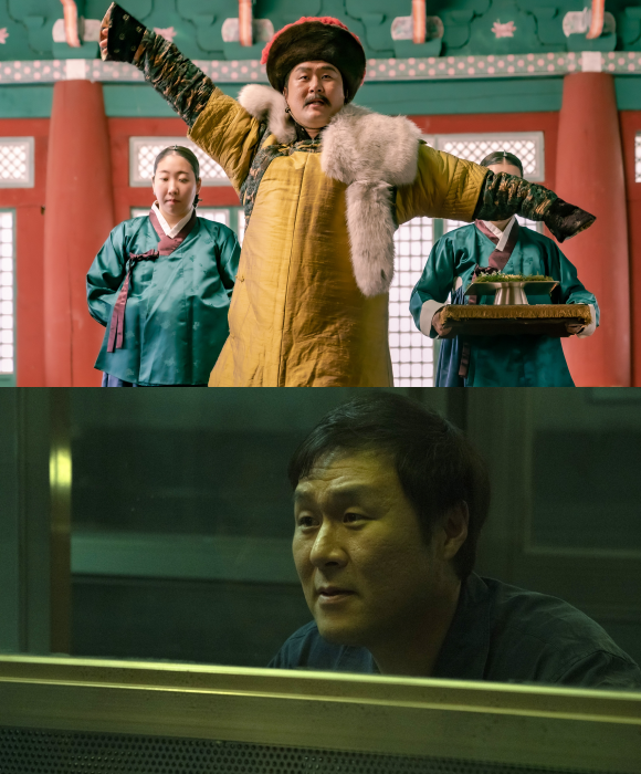 윤경호는 '메소드연기'(위쪽)에서 이동휘의 형 이동태 역을, '끝장수사'에서 살인사건의 범인으로 지목된 조동오 역을 맡아 상반된 얼굴을 보여주고 있다. /㈜바이포엠스튜디오, 에이스메이커무비웍스