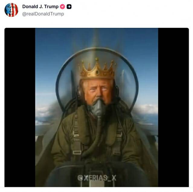 도널드 트럼프 대통령 트루스 소셜 캡처. 왕관을 쓰고 제트기를 조종하는 가짜 영상이 게재됐다.