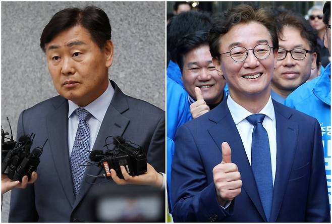 김관영 전북특별자치도지사가 금품 제공 의혹이 제기된 1일 오전 전북도청에서 기자들의 질문을 받고 있다(왼쪽 사진). 김 지사는 “청년들에게 대리비를 줬다가 곧바로 회수했다”고 했지만 이날 밤 더불어민주당 긴급 최고위원회의에서 제명됐다. 반면 통일교에서 금품을 받은 혐의로 4개월째 수사를 받고 있는 전재수 민주당 의원은 별다른 당의 징계 없이 2일 부산 동구 해양수산부 청사 앞에서 부산시장 출마 선언을 한 뒤 구청장에 출마하는 민주당 후보들과 기념 촬영을 했다(오른쪽 사진). /연합뉴스