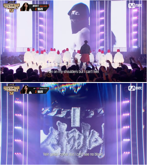 지난 2일 엠넷 ‘쇼미더머니12’ 최종 승자를 가리는 방송에서 김하온의 무대에 식케이의 영상이 나오고 있다. /사진=유튜브 Mnet TV 채널 캡처