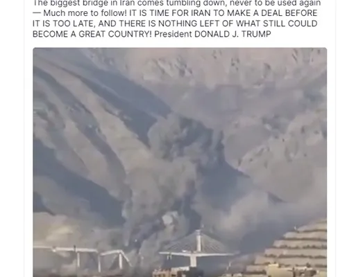 도널드 트럼프 미국 대통령이 2일(현지시간) 소셜미디어(SNS) 트루스소셜에 올린 교량 폭파 영상 갈무리. 연합뉴스