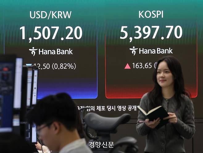 3일 서울 중구 하나은행 딜링룸에서 직원들이 업무를 보고 있다. 이날 코스피는 저가매수세 유입에 상승 출발하면서 5300선을 회복했다. 원·달러 환율은 전 거래일 대비 8.9원 내린 1510.8원으로 개장했다. 성동훈 기자