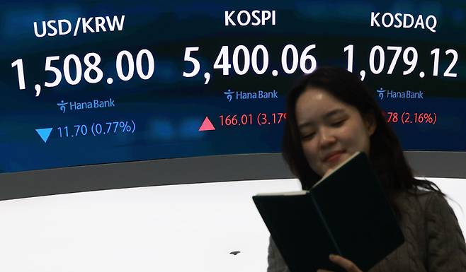 코스피가 상승 출발한 3일 오전 서울 중구 하나은행 본점 딜링룸 전광판에 코스피와 환율이 표시돼 있다. [연합뉴스]