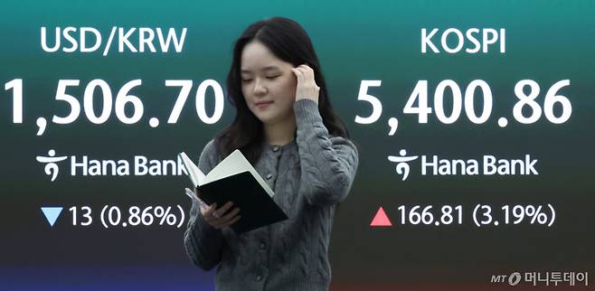 (서울=뉴스1) 이종수 인턴기자 = 3일 오전 서울 중구 하나은행 딜링룸 전광판에 코스피와 원달러 환율 등 시황이 표시되고 있다. 이날 코스피는 전 거래일보다 141.45포인트(2.70%) 상승해 5375.5로 출발했다. 2026.4.3/뉴스1  Copyright (C) 뉴스1. All rights reserved. 무단 전재 및 재배포,  AI학습 이용 금지. /사진=(서울=뉴스1) 이종수 인턴기자