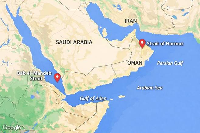 [서울=뉴시스]이란이 미국과 이스라엘의 공격이 지속되면 호르무즈 해협에 이어  바브엘만데브 해협도 차단할 것이라고 위협했다. <출=구글지도> 2026.04.3.