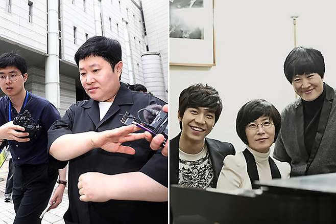회삿돈 유용 혐의로 1심서 집행유예를 선고받은 권진영 대표의 법원 출석 당시 모습(왼쪽)과 과거 소속 연예인 이승기, 이선희와 함께한 사진. 세계일보 자료사진·후크엔터테인먼트 제공