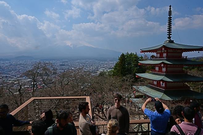 아라쿠라야마 센겐 공원 전경. 후지산과 벚꽃, 붉은 오층탑 등을 한 화면에 넣을 수 있는 인증샷 성지다.