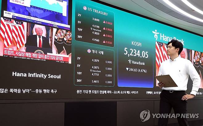 코스피가 급락한 가운데 하나은행 본점 딜링룸 모니터에 도널드 트럼프 미 대통령의 대국민 연설 장면이 비치고 있다. [연합뉴스 자료사진. 재판매 및 DB 금지]