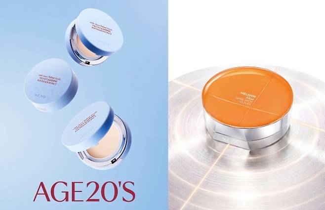 AGE20'S 벨벳 래스팅 파운데이션 팩트(왼쪽)와 멜라닌 샷 기미 커버 쿠션(애경산업 제공)