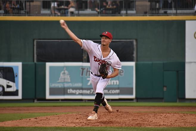애틀레틱스 산하 마이너리그 싱글A팀 랜싱 러그너츠 시절 잭 쿠싱. 사진=랜싱 러그너츠 SNS