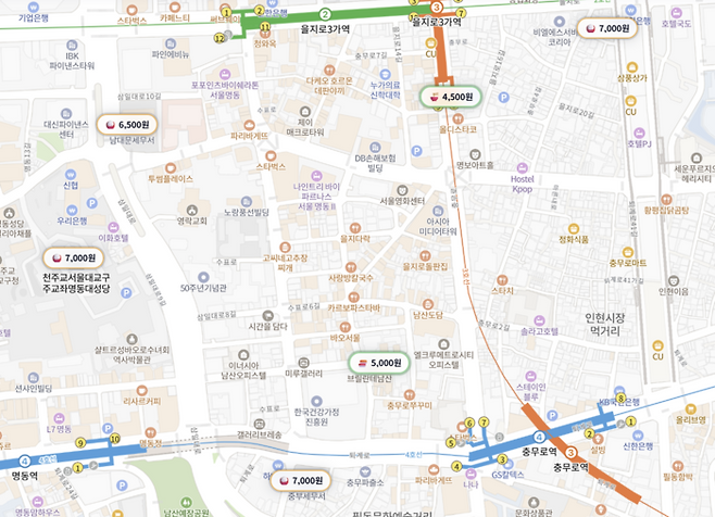 온라인 지도 서비스 ‘거지맵’ 지도에는 8000원이 넘지 않는 가성비 식당이 표시돼 있다. (거지맵 사이트 갈무리)