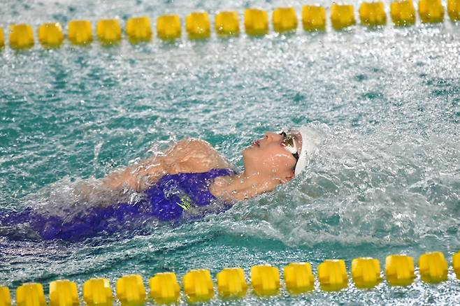 5일 폐막한 체고대항전 수영서 2관왕을 달성한 경기체고 김승원이 배영 경기서 역영하고 있다. 사진=경기체육고등학교