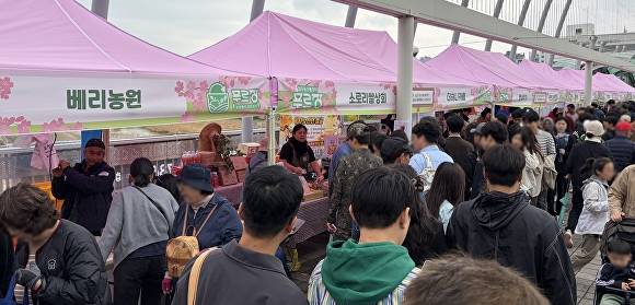 청주예술제 기간 무심천 서문교에서 펼쳐진 도농상생 직거래장터 부스가 인산인해를 이루고 있다. [사진=청주시]