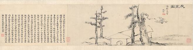 대구간송미술관 ‘추사의 그림 수업’ 전시에 나온 김정희의 '세한도'(국보). 15m 두루마리 대작으로 추사의 그림에 여러 문인들의 글이 붙었다. ⓒ국립중앙박물관