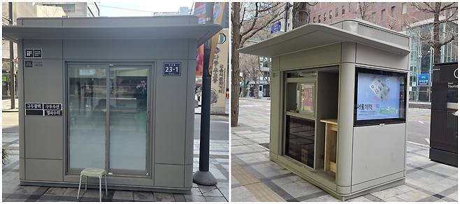 서울형 표준디자인을 적용한 구두수선대(왼쪽)와 가로판매대의 모습. 서울시 제공