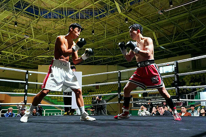 탁윤이 2026년 3월 서울과학기술대학교 체육관 특설 링에서 사단법인 한국복싱커미션 슈퍼라이트급 챔피언 결정전에서 이준희를 상대하고 있다. 사진=KBM