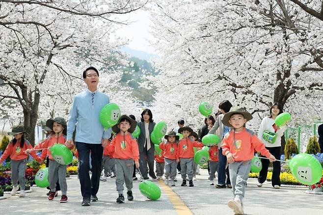 전북 고창군이 석정리 벚꽃길 일대에서 개최한 ‘고창 벚꽃축제’에서 어린이들이 벚꽃이 만개해 장관을 이룬 행사장을 거닐고 있다. 고창군 제공