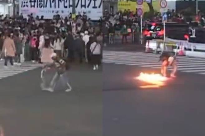 3일 밤 9시쯤 일본 도쿄 JR 시부야역 앞 스크램블 교차로에서 한 남성이 교차로 한복판에 휘발유를 붓고 불을 붙이고 있다. 엑스(X) 캡처
