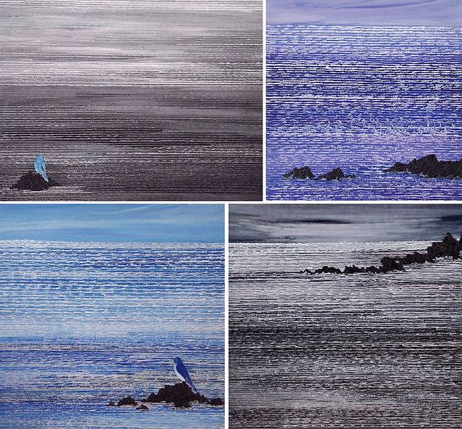 사진 왼쪽 위부터 시계방향으로 ▲황효실작 '마주하다 202450' 117×91cm·장지에 채색·은펄 ▲황효실작 '풍경 마주하다 202609' 45×45cm·장지에 채색·펄·2026 ▲황효실작 '풍경 마주하다 202608'60x50cm·장지에 채색·펄·2026 ▲황효실작 '마주하다 202607' 70×70cm·장지에 채색·은펄. (사진=목원대 제공)