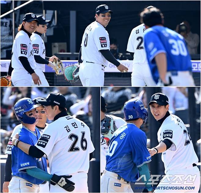 5일 수원KT위즈파크에서 열린 삼성과 KT의 경기. 7회초 1사 김영웅이 내야땅볼을 치고 슬라이딩을 하다 1루 베이스 커버를 하던 김민수와 충돌했다. 이닝이 끝난 뒤 다시 한번 사과하는 김영웅과 사과를 받아주는 김민수, 그 모습에 웃음 짓는 김현수와 김상수의 모습. 수원=허상욱 기자