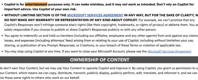 마이크로소프트는 코파일럿 이용 약관에서 해당 서비스를 오락용으로 규정한 것으로 확인됐다. (사진=코파일럿 이용 약관)