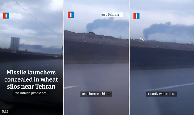 이란 신정통치 저항매체 ‘이란인터내셔널’은 지난 4월 5일(현지시간) X(옛 트위터) 공식 계정으로 공개한 제보 영상으로 이슬람혁명수비대(IRGC, 최고지도자 친위 군사조직)의 미사일 발사대가 테헤란 인근 로바트 카림에 위치한 곡물저장고에 미사일 발사대가 은폐돼 있었으며, 이스라엘군이 이를 포착해 폭격한 것으로 보인다고 보도했다.[이란인터내셔널 X 게시물 갈무리]