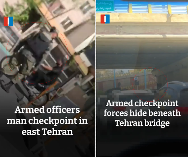 이란 신정통치 저항매체 ‘이란인터내셔널’은 지난 4월 5일(현지시간) X 공식 계정에 게재한 제보 영상들을 통해 수도 테헤란 동부 지역 도로를 활보하는 무장 군인(왼쪽 빨간 원)이나 한 교량 밑에서 소련제 중기관총 DShK로 무장한 정부 요원들(오른쪽 빨간 원)이 검문소 배치돼 있다고 보도했다.[이란인터내셔널 X 게시물 갈무리]
