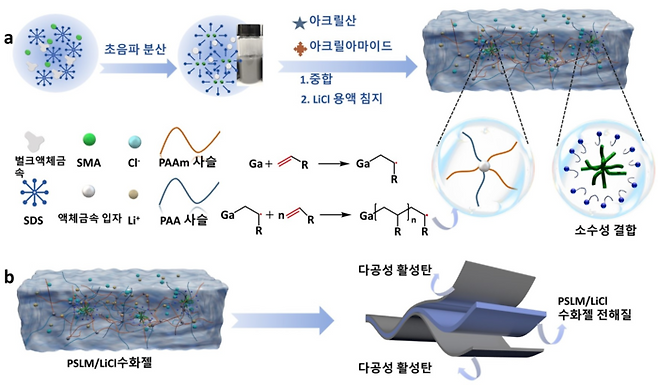 액체금속 기반 수화젤 전해질의 제조 및 소자 구조 모식도. (연구재단 제공)