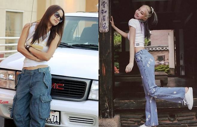 최근 미국 노스웨스턴대 연구진은 150년이 넘는 여성 의류 데이터를 분석한 결과, 패션 트렌드가 약 20년 주기로 반복되는 경향을 확인했다고 밝혔다. 사진은 20년 전 이효리의 패션 화보와 2020년 제니 패션 화보 비교 컷. SNS 갈무리