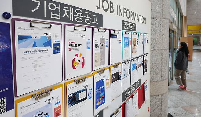 서울의 한 대학일자리플러스센터에 채용공고 게시물들이 걸려있다.  [이승환 기자]