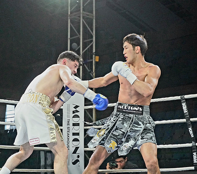 세계복싱협회 라이트급 아시아 챔피언 최시로가 2026년 4월 경기도 남양주체육문화센터 특설 링 타이틀 2차 방어전에서 공격하자 아파하는 도전자 조반니 카브레라 미올레티. 사진=한국복싱커미션 KBM