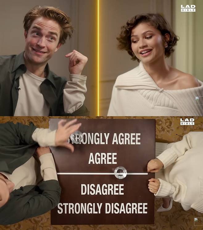 ‘데이트할 때 항상 나눠서 계산해야 할까?’라는 질문에 젠데이아는 ‘중간’ 입장을 택한 반면, 패틴슨은 ‘강하게 동의한다’를 선택했다.  [유튜브 LADbible Entertainment]