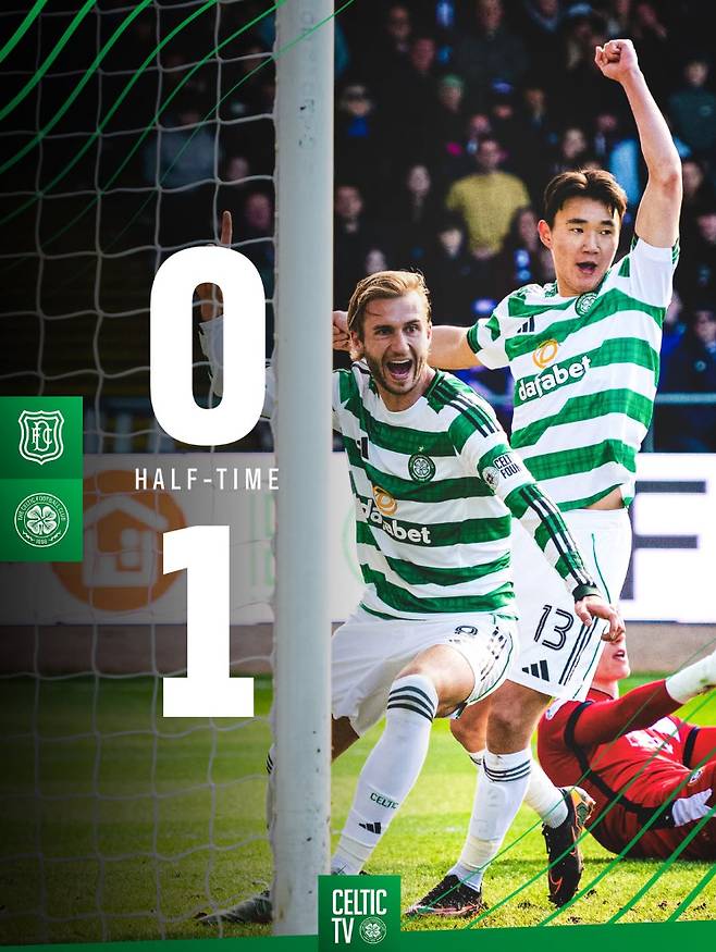 던디전에서 선제골을 기록한 양현준 [화면출처 셀틱 인스타그램]