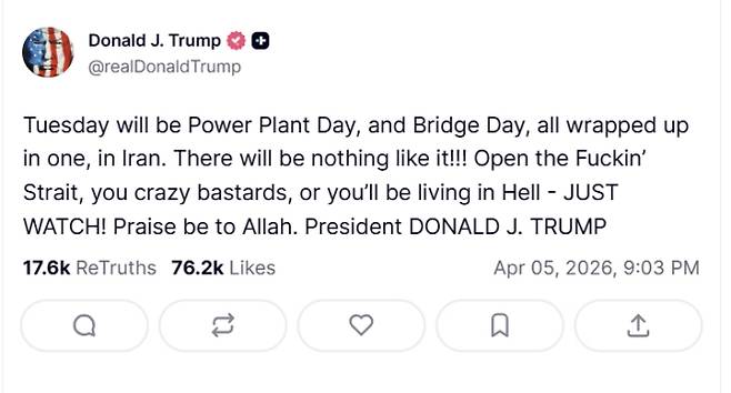 도널드 트럼프 미국 대통령이 5일(현지시간) 트루스소셜에 이란의 발전소와 교량을 거론하며 호르무즈 해협 개방을 압박하는 글을 올렸다. 트루스소셜 캡처