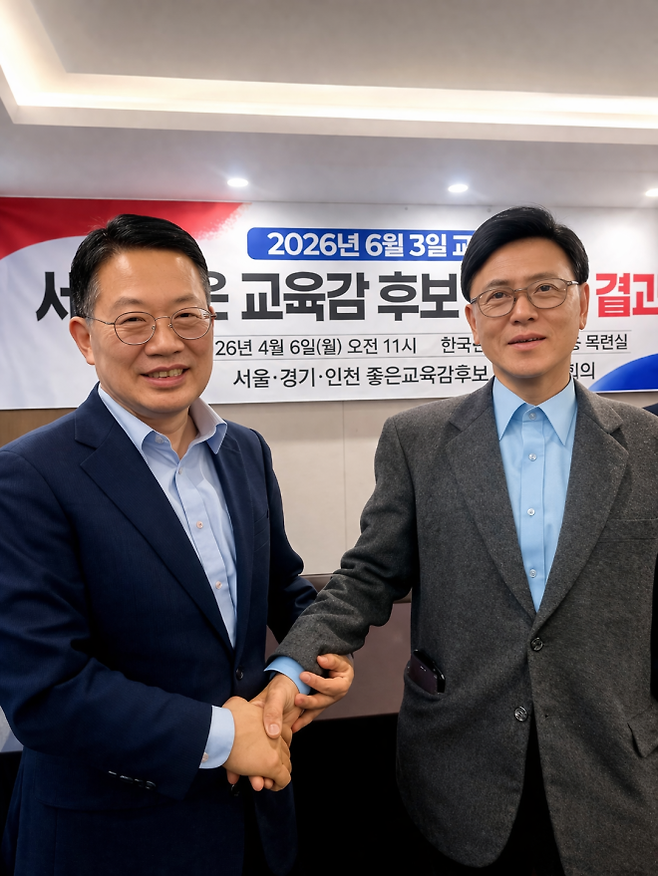 이명수 충남교육감 예비후보(오른쪽)이 서울시 교육감 보수 단일후보로 선출된 윤호상 예비후보와 충남도-서울시 교육정책 연대 추진을 협의후 인사를 하고 있다. 이명수 예비후보 제공