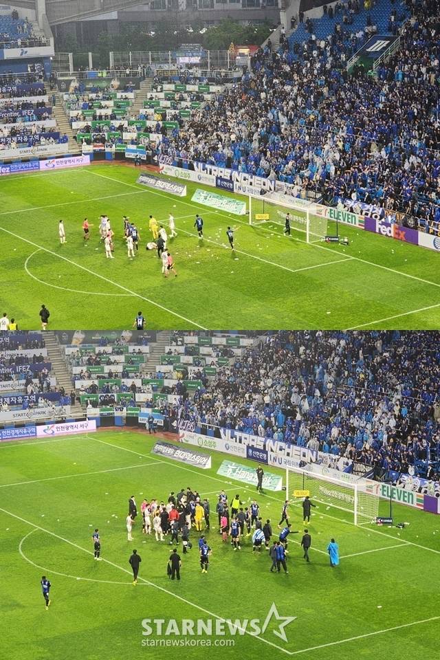 지난 2024년 5월 인천 유나이티드-FC서울전 직후 그라운드를 향해 물병을 던진 인천 팬들. /사진=이원희 기자