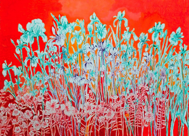 ▲ 박찬흠, 은은한 꽃의 속삭임, Acrylic on paper, 80.3x116.7cm, 2023