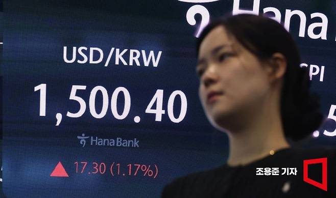 19일 서울 하나은행 본점 딜링룸에 원/달러 환율 정보가 표시되고 있다. 이날 서울 외환시장에서 미국 달러화 대비 원화 환율은 오전 9시3분 현재 전날 주간 거래 종가(오후 3시30분 기준)보다 18.2원 오른 1,501.3원이다. 이는 주간 거래 장중 기준으로 금융위기 때인 2009년 3월 10일(1,561.0원) 이후 최고 수준이다.  2026.3.19 조용준기자