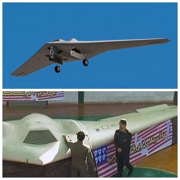 미 공군이 2007년에 처음 사진을 공개한 RQ-170 센티널(Sentinel) 스텔스 드론(위). 이 드론은 2011년 이란에서 격추돼 공개됐으나(아래) 미국은 이 드론의 격추를 확인하지 않았다.