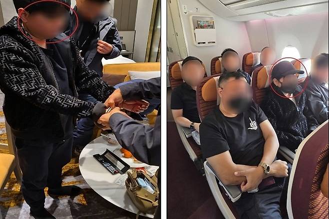 법무부 이민특조팀이 국제 마약조직에 대해 체포 절차를 집행하는 모습(왼쪽)과 태국 정부 호송단 5명이 검거된 마약 조직 총책을 이송하는 모습(오른쪽). [국가정보원]