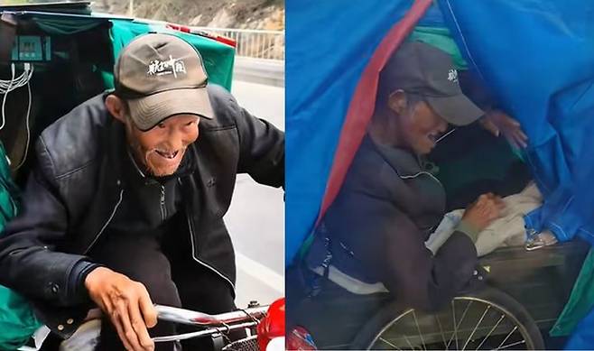 [서울=뉴시스] 가족을 모두 잃은 90세 노인이 슬픔을 잊기 위해 수십 년에 걸친 자전거 여행에 나선 사연이 전해졌다. (사진=더우인 갈무리) *재판매 및 DB 금지