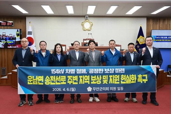 전남 무안군의회가 6일 운남면 일대에서 추진 중인 송전선로 및 변전소 건설 사업과 관련해 주민들의 실제 피해를 반영한 현실적인 보상 대책 마련을 촉구했다. (무안군의회 제공)