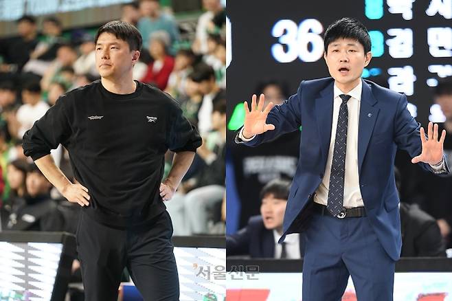 김효범(왼쪽) 서울 삼성 감독과 강혁 대구 한국가스공사 감독. KBL 제공