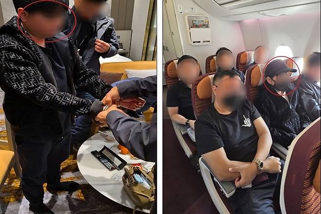 법무부 이민특조팀이 국제 마약조직에 대해 체포 절차를 집행하는 모습(왼쪽)과 태국 정부 호송단 5명이 검거된 마약 조직 총책을 이송하는 모습(오른쪽) [국가정보원 제공]