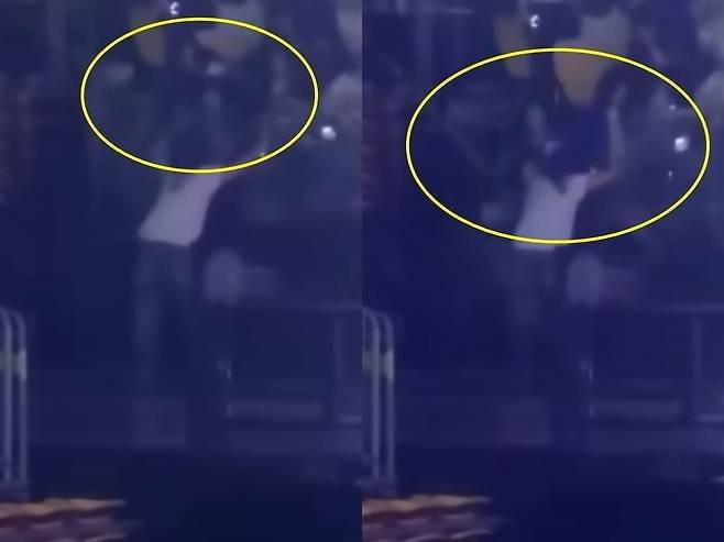 안전 펜스가 무너지고 있는 장면(왼쪽)과 펜스가 무너지면서 일부 팬들이 추락하고 있는 모습. / 사진=온라인커뮤니티 캡처