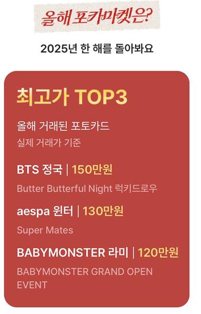 포카마켓에서 발표한 2025 최고가 포토카드. 사진=포카마켓 캡처