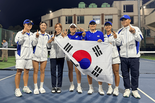 박소현과 정보영은 손가락 두 개를 펼쳐 보였다. 8일 경기 후에도 똑같은 모습이 보여지길 기대한다 / 대한테니스협회