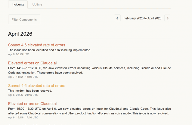 앤트로픽 인공지능(AI) 서비스 장애가 잇따라 발생한 가운데, 일부 국내 서비스가 영향받은 것으로 확인됐다. (사진=클로드 시스템 상태 페이지)
